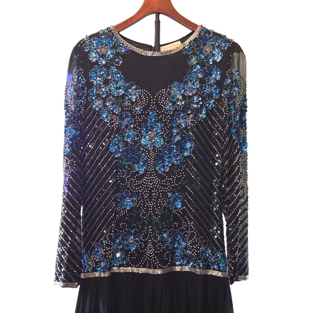 Alyce Designs VTG Gown Womens Sz 12 Black & Blue Sequin Beaded Silk Formal Dress - Picture 2 of 12